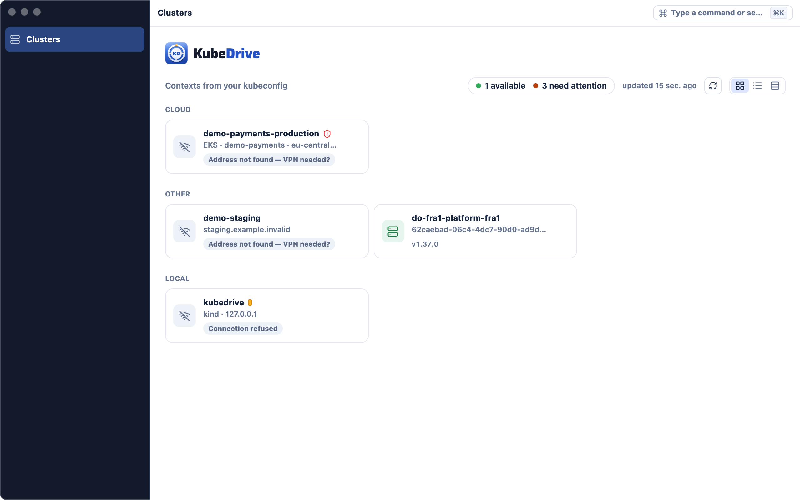 The KubeDrive cluster list with each context's status