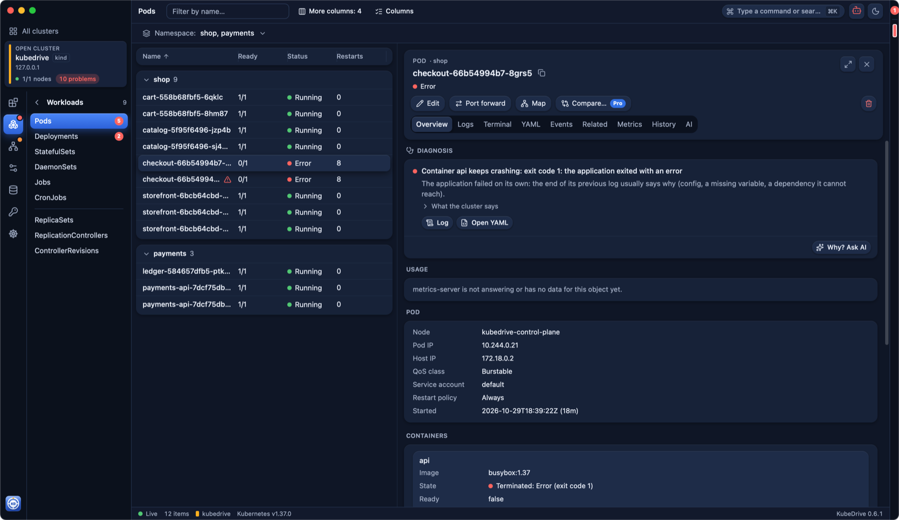 The KubeDrive window: the sidebar with the cluster card and the Workloads section, the pods table of two namespaces, the details panel of a crashing pod with its diagnosis, and the cluster marks on the right edge